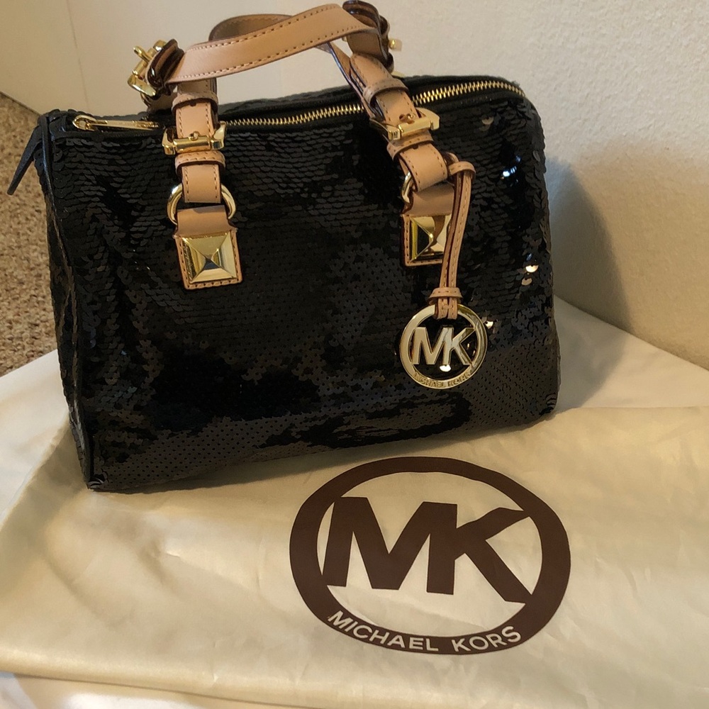 Michael Kors Black Sequin Grayson Satchel with Gold Accents - Picture 8 of 8